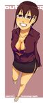  ajax bra breasts brown_hair cleavage glasses grin large_breasts lingerie miniskirt open_clothes open_shirt original pencil_skirt purple_eyes shirt short_hair skirt smile solo underwear 