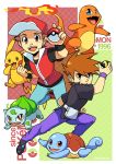  2boys absurdres ball baseball_cap belt black_footwear blue_eyes blue_pants brown_eyes brown_hair buckle checkered checkered_background creatures_(company) emcee english_text fangs fiery_tail fire flame full_body game_freak gen_1_pokemon hat highres holding holding_ball holding_poke_ball jewelry long_sleeves looking_at_viewer male_focus multiple_boys nintendo orange_eyes pants parody pendant poke_ball poke_ball_(generic) pokemon pokemon_(creature) pokemon_(game) pokemon_frlg pokemon_trainer purple_pants red_eyes shoes short_sleeves signature spiked_hair style_parody tail yellow_eyes 