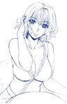  blue breasts cleavage copyright_request hanzaki_jirou head_tilt huge_breasts lips looking_at_viewer monochrome short_hair smile solo white_background 