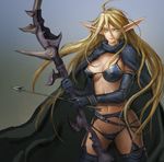  armor arrow bikini_armor bikini_top black_panties blonde_hair blood_elf bow_(weapon) breasts cape earrings elbow_gloves elf garter_belt gloves green_eyes jewelry large_breasts long_hair neongun panties pointy_ears solo underwear warcraft weapon world_of_warcraft 