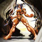  alf874 barefoot blue_hair demon_girl feet horns muscle muscular_female oni original pointy_ears solo 