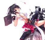  black_hair blood breasts briefcase cait copyright_request covered_nipples fingerless_gloves gloves ground_vehicle medium_breasts midriff motor_vehicle motorcycle panties purple_eyes riding short_twintails simple_background skirt solo tank_top tonfa torn_clothes twintails underwear weapon 