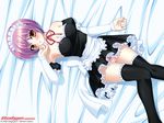  :d \m/ apron bare_shoulders bed_sheet black_legwear blush bob_cut bow bow_panties breasts cameltoe cleavage dakimakura detached_sleeves embarrassed finger_to_mouth frills from_above galge.com lying maid maid_headdress medium_breasts nanami_ayane naughty_face on_back open_mouth orange_eyes panties pantyshot pantyshot_(lying) pink_panties purple_hair ribbon short_hair smile solo striped striped_panties thigh_gap thighhighs underwear waist_apron wallpaper 