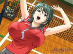  arms_up bouncing_breasts breasts game_cg green_eyes green_hair huge_breasts jumping mune_wo_hare open_mouth short_hair solo tatsunami_youtoku uniform volleyball 