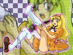  blonde_hair blush crossdressing dress male_focus otoko_no_ko pokemon ribbon satoko_(pokemon) satoshi_(pokemon) shoe_dangle shoes single_shoe solo 