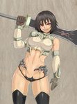  bandaid bandaid_on_nose bare_shoulders breasts brown_hair elbow_gloves gloves houtengeki large_breasts looking_at_viewer lowleg lowleg_panties midriff navel original over_shoulder panties red_eyes short_hair smile solo sword sword_over_shoulder thighhighs underwear weapon weapon_over_shoulder 