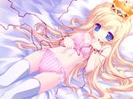  arietta_(lyrical_lyric) blonde_hair blue_eyes bow bow_bra bra chikotam crown game_cg highres lingerie long_hair lying lyrical_lyric on_back on_bed panties pink_bra pink_panties ribbon solo striped thighhighs underwear underwear_only vertical-striped_bra vertical-striped_panties vertical_stripes 