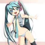  aqua_eyes aqua_hair bare_shoulders blush breasts hatsune_miku headset jyuru long_hair medium_breasts necktie no_pants open_clothes open_shirt panties shirt solo striped striped_panties thighhighs twintails underwear very_long_hair vocaloid 