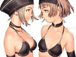  bikini black_bikini black_choker black_hat blonde_hair breasts choker cleavage collarbone earrings eye_contact from_side grey_hair halterneck hat jewelry leather looking_at_another medium_breasts multiple_girls murata_renji necklace parted_lips pendant profile short_hair short_hair_with_long_locks sideboob sidelocks silver_hair silver_trim simple_background small_breasts strap_gap stud_earrings swimsuit upper_body visor_cap white_background yellow_eyes 