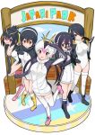  5girls :d absurdres bangs bird black_eyes black_footwear black_hair boots breasts brown_eyes carrying commentary deku_suke drawstring emperor_penguin_(kemono_friends) eyebrows_visible_through_hair gentoo_penguin_(kemono_friends) grape-kun hair_between_eyes hair_over_one_eye headphones highres hood hoodie humboldt_penguin_(kemono_friends) kemono_friends knee_boots leotard long_hair looking_at_viewer low_twintails medium_breasts multicolored_hair multiple_girls open_mouth orange_hair penguin penguins_performance_project_(kemono_friends) pink_footwear pink_hair red_eyes rockhopper_penguin_(kemono_friends) royal_penguin_(kemono_friends) salute short_hair smile standing standing_on_one_leg thighhighs twintails white_hair white_legwear white_leotard yellow_footwear 