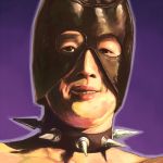  1boy bare_chest black_neckwear collar cropped_torso gachimuchi grin leather_mask looking_at_viewer male_focus matsutani outline portrait purple_background purple_outline realistic serious shadow simple_background smile solo spiked_collar spikes uneven_eyes van_darkholme 