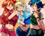  3girls black_hair blonde_hair blossom blossom_(ppg) blue_eyes breasts bubble bubbles bubbles_(ppg) buttercup buttercup_(ppg) cute fishnets green_eyes hips long_gloves multiple_girls powerpuff_girls red_eyes red_hair sexy thong whale_tail 
