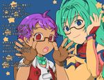  akito_(owata11) angelica_shalteel aqua_hair blue_eyes fingerless_gloves glasses gloves multiple_girls music neckerchief parody purple_hair red_eyes sheldia_rouge short_hair singing super_robot_wars super_robot_wars_k zoids zoids_genesis 