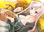  autumn bench blue_eyes breasts charlotte_hazellink cleavage dutch_angle eating food game_cg komori_kei large_breasts long_hair open_clothes open_shirt pink_hair plaid princess_lover shirt sitting smile takoyaki 