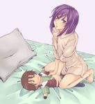  androgynous bad_id bad_pixiv_id barefoot bed blue_eyes brown_hair character_doll doll gundam gundam_00 hitori_(edge) lockon_stratos male_focus neil_dylandy otoko_no_ko pillow purple_eyes purple_hair sexually_suggestive short_hair solo stuffed_toy tieria_erde toy 