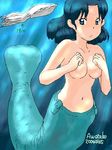  awatake_takahiro blue_eyes blue_hair mermaid monster_girl pouch squid topless underwater 