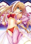  anklet armpits barefoot blonde_hair blue_eyes bracelet cameltoe coin_(ornament) dancer detached_sleeves gypsy hair_ribbon jewelry knife legs little_busters! long_hair midriff na-ga navel necklace ponytail ribbon see-through solo tokido_saya 