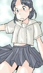  awatake_takahiro black_hair blue_eyes blush lowres school_uniform schoolgirl skirt surprised wind windy 