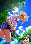  ahoge alternate_hair_color artoria_pendragon_(all) blouse dutch_angle fate/stay_night fate_(series) forest lens_flare light_rays long_legs multiple_girls namonashi nature river saber sitting sitting_on_rock sleeves_rolled_up stream sunbeam sunlight toosaka_rin tree wading water wet wet_clothes wringing_clothes 