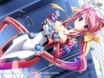  1280x960 amatsue_hikari blue_eyes bodysuit breasts cleavage clock_up clockup dyogrammaton pink_hair ponytail ribbon wallpaper 