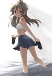  brown_eyes brown_hair dutch_angle flat_chest from_behind holding holding_shoes loafers long_hair looking_back midriff narcissu oryou parted_lips pleated_skirt sakura_setsumi shoes skirt smile solo wading water 