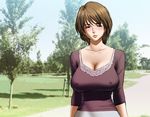  blush breasts brown_hair cleavage copyright_request covered_nipples earrings huge_breasts jewelry lips looking_at_viewer mature solo tatsunami_youtoku 