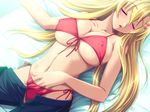  anetea!? bed bikini blonde_hair blush breasts cleavage closed_eyes covered_nipples fingernails game_cg hand_under_clothes hand_under_swimsuit large_breasts lips lipstick long_hair makeup navel nora_freeman_misora pants pants_pull red_bikini side-tie_bikini sleeping solo swimsuit tajima_yoshikazu 