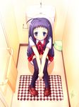  aru_(abyssinia) ayase_yue black_legwear long_hair mahora_academy_middle_school_uniform mahou_sensei_negima! pee peeing purple_eyes purple_hair school_uniform skirt solo thighhighs toilet toilet_use 