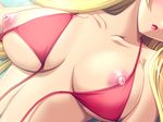  anetea!? areolae bikini_top blonde_hair blush breasts game_cg large_breasts lips lipstick long_hair makeup nipples non-web_source nora_freeman_misora open_mouth solo tajima_yoshikazu 