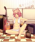  animal_ears bad_id bad_pixiv_id barefoot cat_ears checkered checkered_floor couch drink engrish feet flat_chest glass guitar instrument legs lips looking_at_viewer naked_towel on_floor orange_eyes original perspective pink_hair ranguage short_hair sitting smile solo terumii topless towel towel_around_neck 