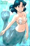  awatake_takahiro black_eyes blue_hair breasts cleavage mermaid monster_girl shell shell_bikini short_hair underwater 
