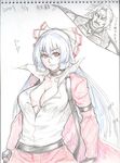  1girl breasts cleavage fujiwara_no_mokou gap houtengeki large_breasts open_clothes open_shirt rugal_bernstein shirt sketch the_king_of_fighters touhou traditional_media 