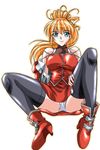  artist_request bare_shoulders blonde_hair blue_eyes boots detached_sleeves excellen_browning long_hair panties ponytail solo spread_legs super_robot_wars super_robot_wars_original_generation thighhighs underwear white_panties 