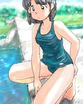  1girl awatake_takahiro barefoot blue_eyes brown_hair feet female lowres nature one-piece_swimsuit outdoors outside pool school_swimsuit short_hair solo swimsuit toes 