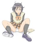  black_hair blush book glasses highres hyakko kazamatsuri_touma panties pantyshot plaid plaid_skirt sachisuke_masumura school_uniform skirt solo underwear upskirt 