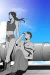  1girl black_lagoon day denim denim_shorts legs long_hair midriff monochrome navel necktie okajima_rokuro ponytail revy_(black_lagoon) shirt shorts sky spot_color tank_top tattoo wind yonomori_mayu 