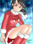  awatake_takahiro black_hair blue_eyes santa_costume scarf smile snowing thighhighs 