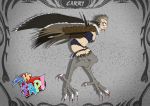  2019 animal_humanoid avian avian_humanoid belt bird claws clothed clothing creepy_girl digital_drawing_(artwork) digital_media_(artwork) feathered_wings feathers female grey_hair hair harpy hi_res humanoid leather looking_at_viewer mammal mhfap! midriff monster_girl_(genre) not_furry pose punishedkom red_eyes short_hair simple_background solo standing talons toe_claws vulture wings 