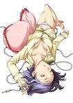 barefoot breasts cable cleavage closed_eyes cuvie feet frilled_pillow frills lying medium_breasts nightmare_maker on_back pajamas panties pillow purple_hair sleeping solo underwear upside-down 