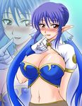  blue_hair blush breasts cleavage covered_nipples gloves hair_bun judith large_breasts navel pointy_ears red_eyes smile solo standing tales_of_(series) tales_of_vesperia white_gloves zerosu_(take_out) zoom_layer 
