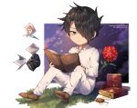  1boy artist_name black_eyes black_hair book brown_footwear camera flower gasoline grass hair_over_one_eye highres kkotto male_focus matchbox matches neck_tattoo open_book pants photo_(object) ray_(yakusoku_no_neverland) red_flower shirt sitting solo tattoo watermark white_pants white_shirt yakusoku_no_neverland 