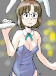  animal_ears awatake_takahiro breasts brown_hair bunny_ears bunnysuit cleavage collar food glasses lowres short_hair smile waitress 