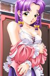  breasts cleavage game_cg hair_ribbon medium_breasts mika_(shangrlia) non-web_source purple_hair ribbon shangrlia_2 solo takei_masaki yellow_eyes 