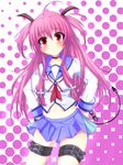  ahoge angel_beats! belt blush choker cross demon_tail halftone halftone_background hands_on_hips highres long_hair looking_at_viewer midriff navel pink_hair red_eyes school_uniform solo staring suterii tail thigh_strap two_side_up wide-eyed yui_(angel_beats!) 