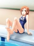  arm_support barefoot brown_eyes brown_hair chain-link_fence feet fence highres legs one-piece_swimsuit orange_hair pani_poni_dash! pool poolside school_swimsuit short_hair solo swimsuit uehara_miyako utomo wet 