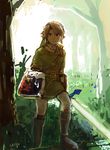  belt blonde_hair hat holding holding_sword holding_weapon left-handed link male_focus master_sword nature pointy_ears shield solo sword the_legend_of_zelda uichi weapon 