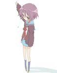  arm_up bad_id bad_pixiv_id brown_eyes cardigan clerk_nagato core_(mayomayo) cosplay kita_high_school_uniform lucky_star nagato_yuki nagato_yuki_(cosplay) purple_hair school_uniform serafuku short_hair solo suzumiya_haruhi_no_shoushitsu suzumiya_haruhi_no_yuuutsu 