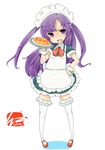  alternate_costume apron enmaided food frills hairband hand_on_hip kuhouin_murasaki kure-nai maid maid_headdress mary_janes purple_eyes purple_hair shoes solo thighhighs wrist_cuffs zukaketawagase 