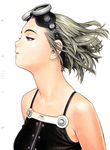  absurdres bare_shoulders breasts eyelashes floating_hair goggles goggles_on_head grey_eyes grey_hair hair_slicked_back half-closed_eyes highres medium_breasts murata_renji parted_lips profile scan short_hair silver_hair simple_background skindentation sleeveless solo spaghetti_strap upper_body white_background wind 