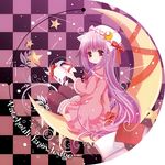  animal_ears book cat_ears catbell character_name crescent hat leaf long_hair looking_back patchouli_knowledge purple_hair ribbon sitting solo star touhou 